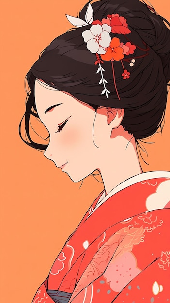Foto illustrazione di cartone animato disegnato a mano di una ragazza che indossa un kimono tradizionale giapponese