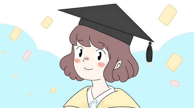 hand drawn cartoon illustration of a graduated girl wearing a doctor hat