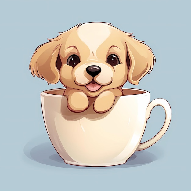 Hand drawn cartoon illustration of puppy in cup