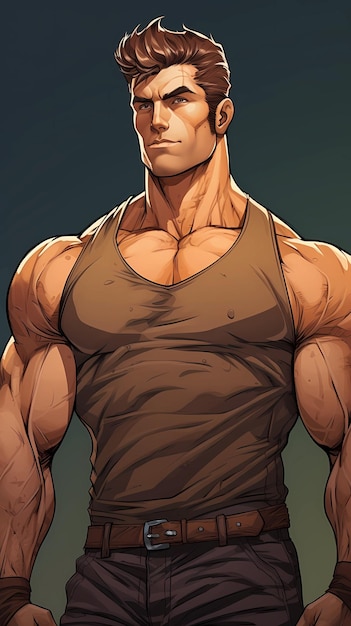 Photo hand drawn cartoon illustration of strong muscular man