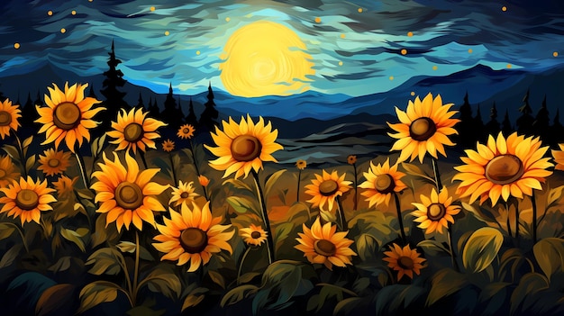 hand drawn cartoon sunflower illustration under the starry sky