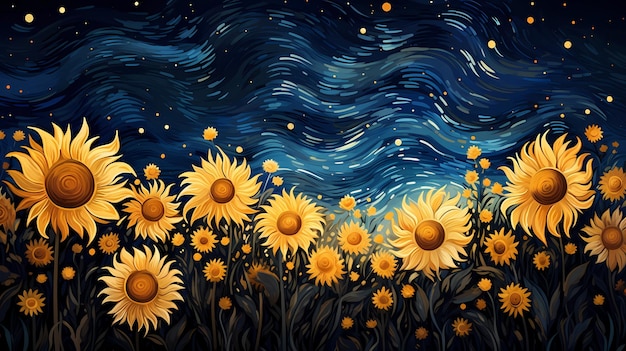 hand drawn cartoon sunflower illustration under the starry sky