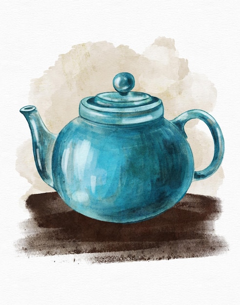 Фото Керамический синий чайник ручной работы на акварельном фоне