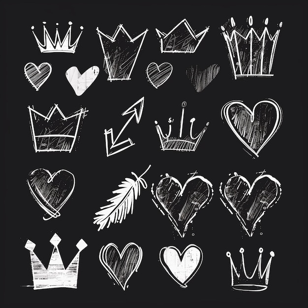 Photo hand drawn chalkboard style hearts crowns and arrows on black background