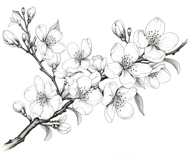 Photo hand drawn cherry blossom line drawing