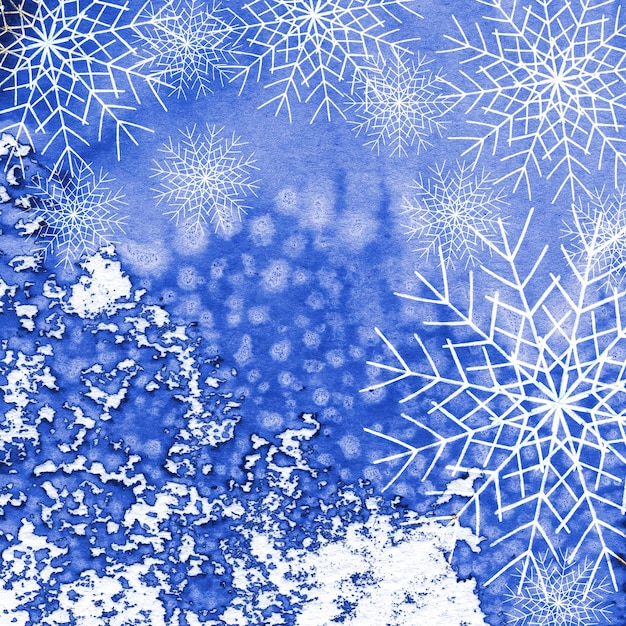 Hand Drawn Christmas Background Blue Watercolor Digital Paper with Christmas Snowflakes Drawn by Colored Pencils