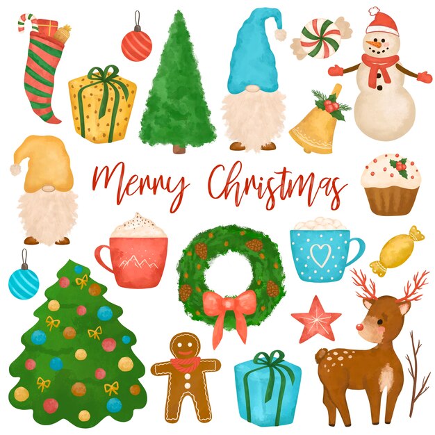 Photo hand drawn christmas clipart, big new year set, snowman, gnomes, christmas tree, deer, cakes, gifts