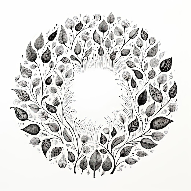 Photo a hand drawn circle in the shape of leaves in the style of whimsical figurines