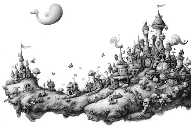 Hand drawn city illustration portraying a whimsical and imaginative scene