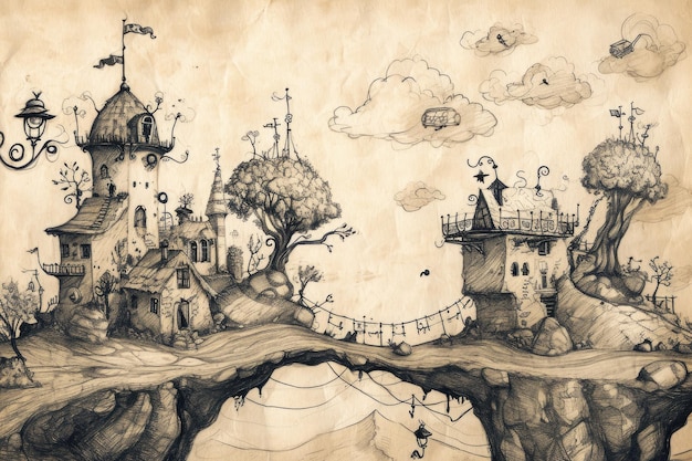 Hand drawn city illustration portraying a whimsical and imaginative scene