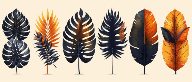 Hand drawn collection of silhouette branches with abstract tropical leaves in earth tone colors