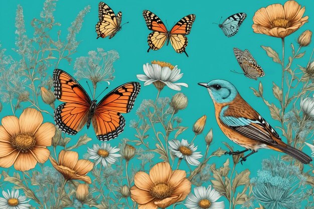 Hand drawn color blooming flowers butterflies birds on turquoise background Generative Ai