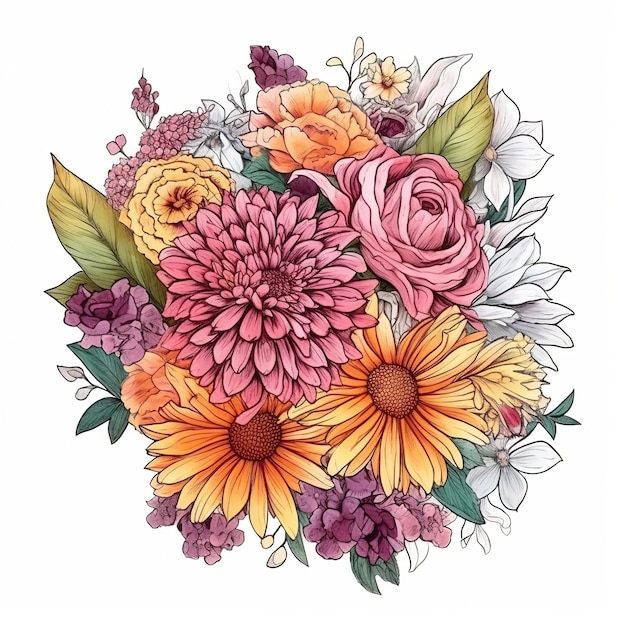 手描きの色とりどりの花の花束