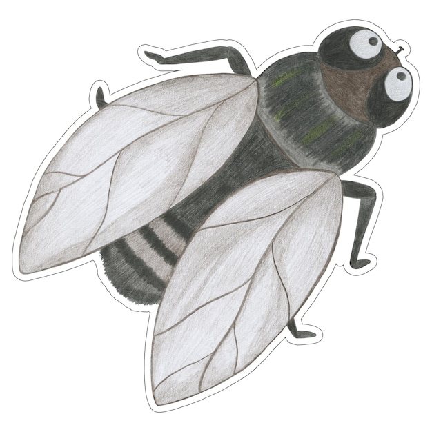 Foto adesivo a mosca colorato disegnato a mano isolato su sfondo bianco illustrazione di mosca disegnata da matita colorata clipart di insetti disegnati a mano