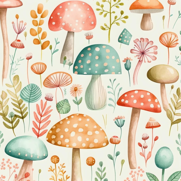 Hand drawn colorful mushroom pattern