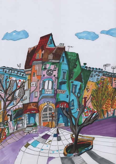 Hand drawn colorful painting of beautiful outdoor cafe eurotean