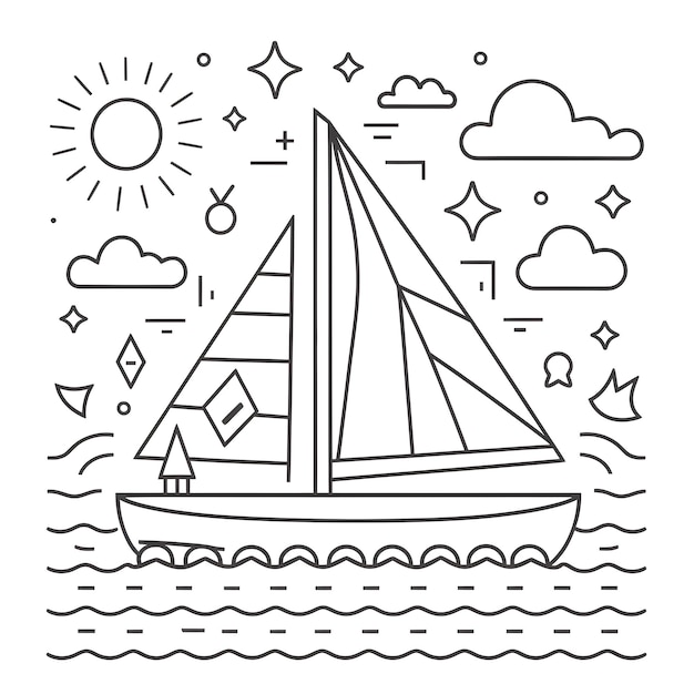 Photo hand drawn coloring book page illustration of a basic sailboat