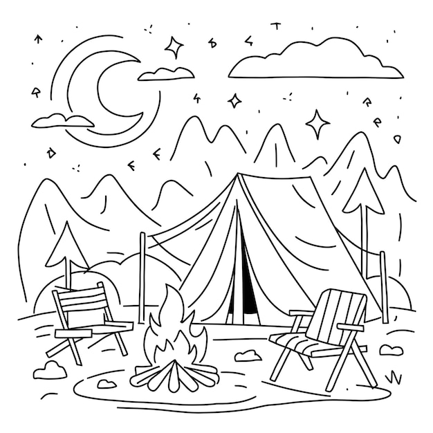 Photo hand drawn coloring book page illustration of a camping scene with a tent campfire and a starry sky