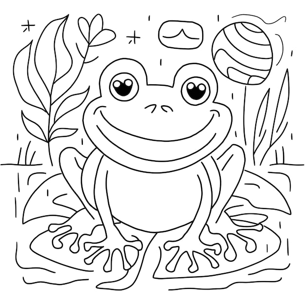 Photo hand drawn coloring book page illustration of a smiling frog on a lily pad