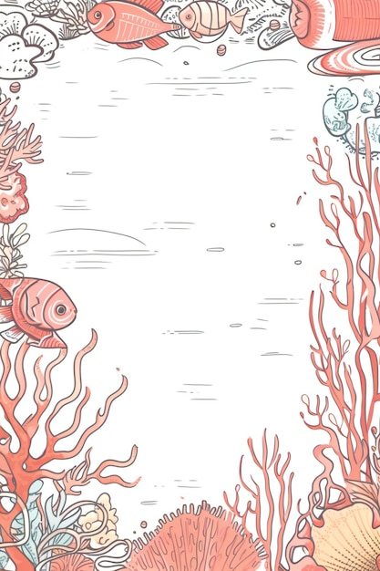 Hand drawn corals and fish on a white background.