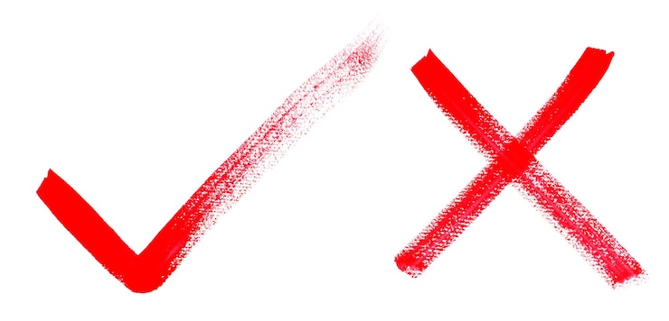 Photo hand drawn correct and incorrect symbols