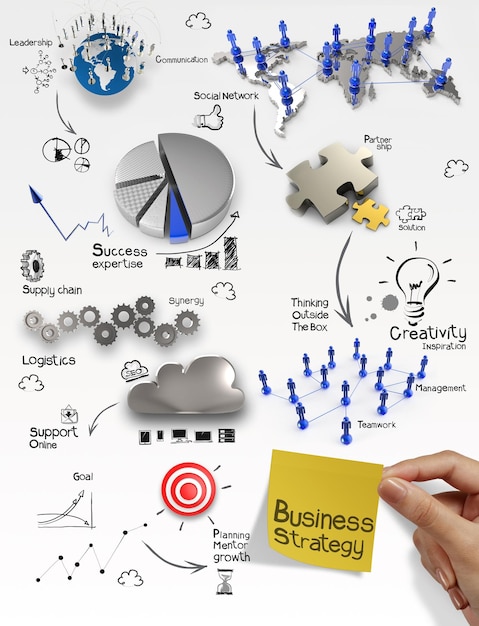 Foto strategia di business creativa disegnata a mano su sfondo di carta stropicciata