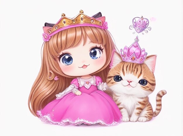 Hand drawn cute little princess and kitty character