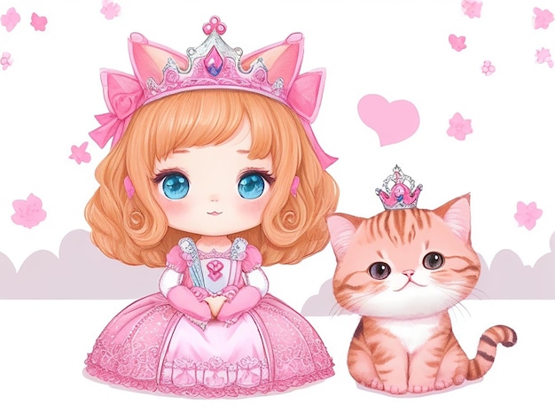 Hand drawn cute little princess and kitty character