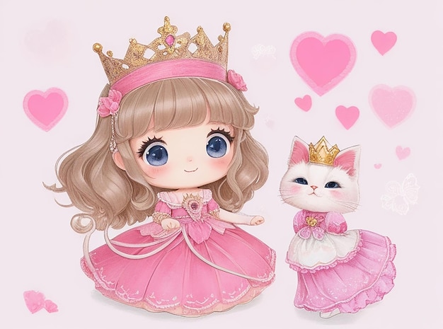 Hand drawn cute little princess and kitty character