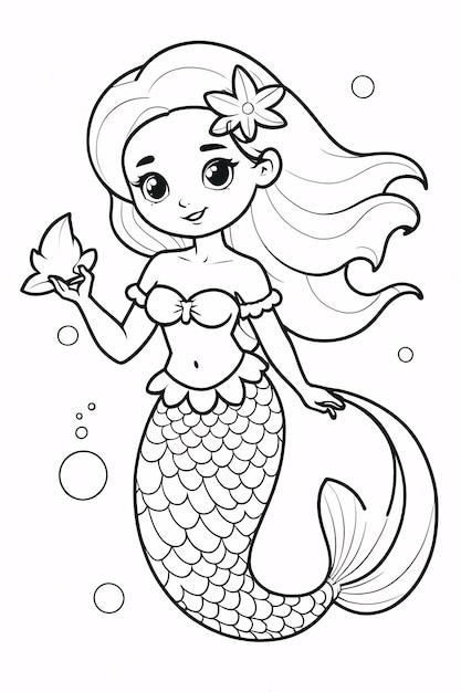 Photo hand drawn cute mermaid coloring book illustration line art white background