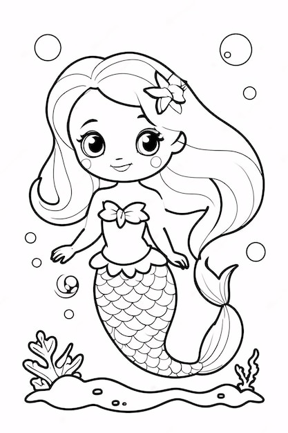 Hand drawn Cute Mermaid Coloring Book Illustration Line Art White Background