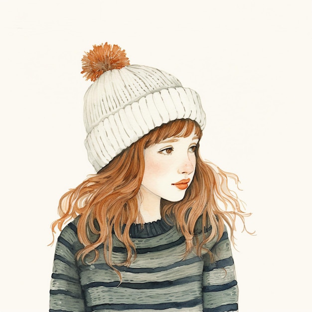Hand drawn cute red head girl in winter hat Winter fashion
