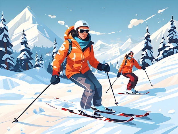 Hand drawn digital illustration of Skier skiing in winter season snow sports