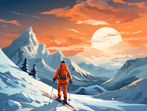 Ручная цифровая иллюстрация лыжного спорта в зимний сезон