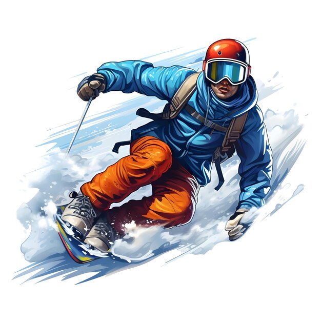 Photo hand drawn digital illustration of snowboarder snowboarding in winter season snow sports