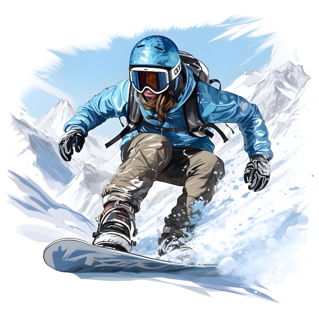 Hand drawn digital illustration of Snowboarder snowboarding in winter season snow sports