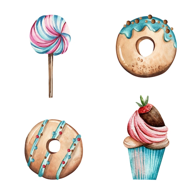 Foto donuts disegnati a mano con caramella, lecca-lecca e cupcake con panna e fragole dolci dessert