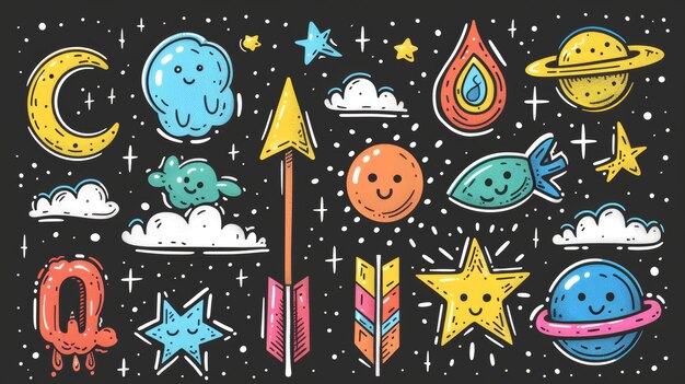 Photo hand drawn doodle style collection of arrow speech bubble firework thunder scribble colorful perfect as decoration stickers idol posters social media images