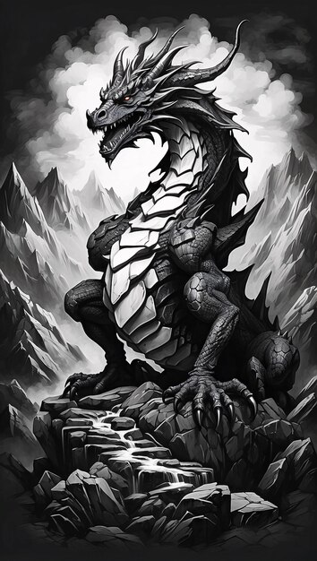 Photo hand drawn fierce dragon sketch pencil charcoal graphite style drawing illustration