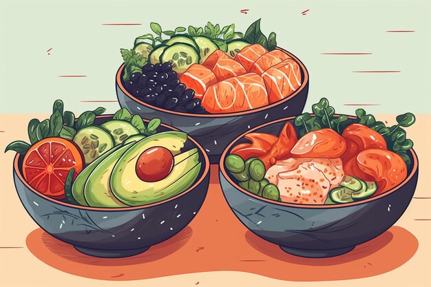 Photo hand drawn flat design poke bowl food illustration