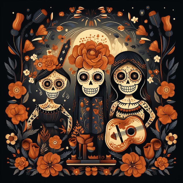 손으로 그린 평면 dia de muertos 가족 집 제단 그림