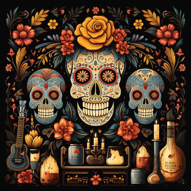 손으로 그린 평면 dia de muertos 가족 집 제단 그림