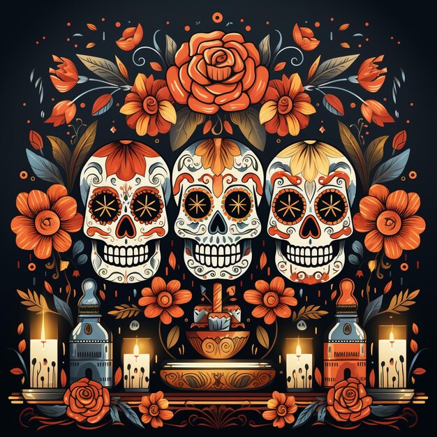 손으로 그린 평면 dia de muertos 가족 집 제단 그림