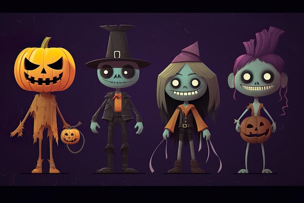 生成された AI テクノロジーで作られた手描きのフラット ハロウィン キャラクター コレクション