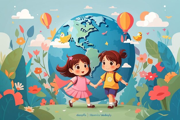 Hand drawn flat world childrens day background