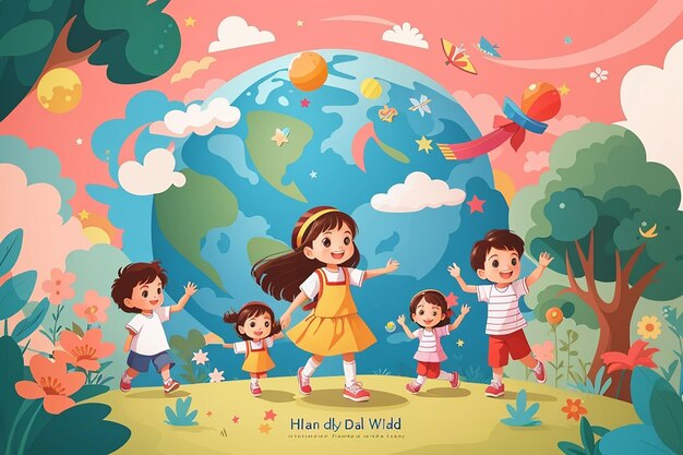 Hand drawn flat world childrens day background