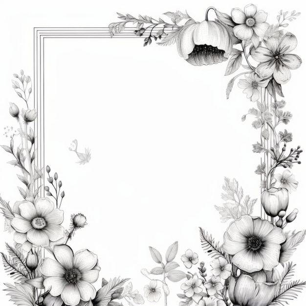 Hand Drawn Floral Frame Pencil Meadow Flowers Storage Invitation