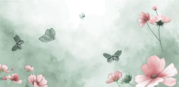 Hand drawn floral and insect wallpaper with pink wild flowers and group of butterflies