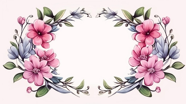 Hand drawn floral oval frame wreath on white background floral illustration