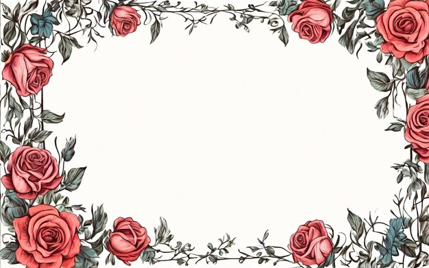 Photo hand drawn floral roses border and frame design red rose flowers template